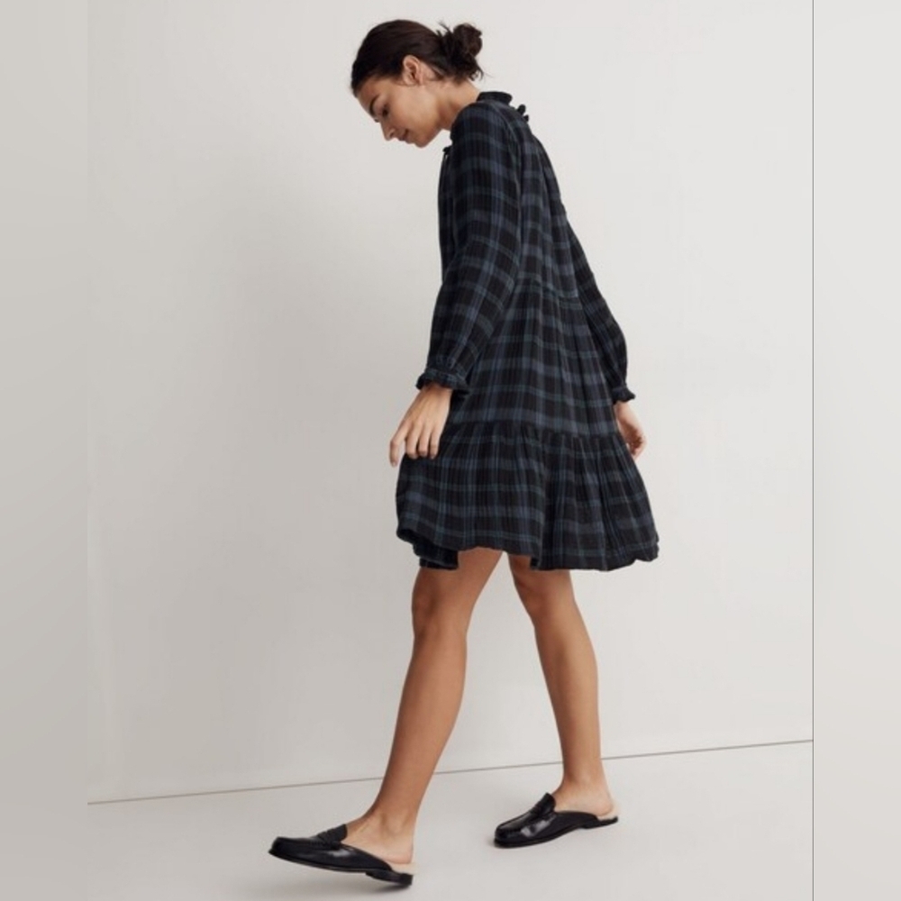 Madewell Tie-Neck Tiered Mini Black Plaid Long Sleeve Dress, Size M